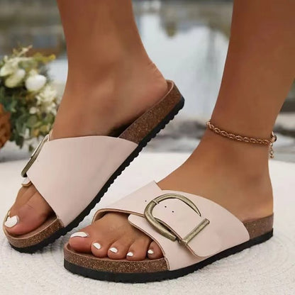Women’s Buckle Strap Slide Sandals – Comfort Platform Slippers with PU Upper