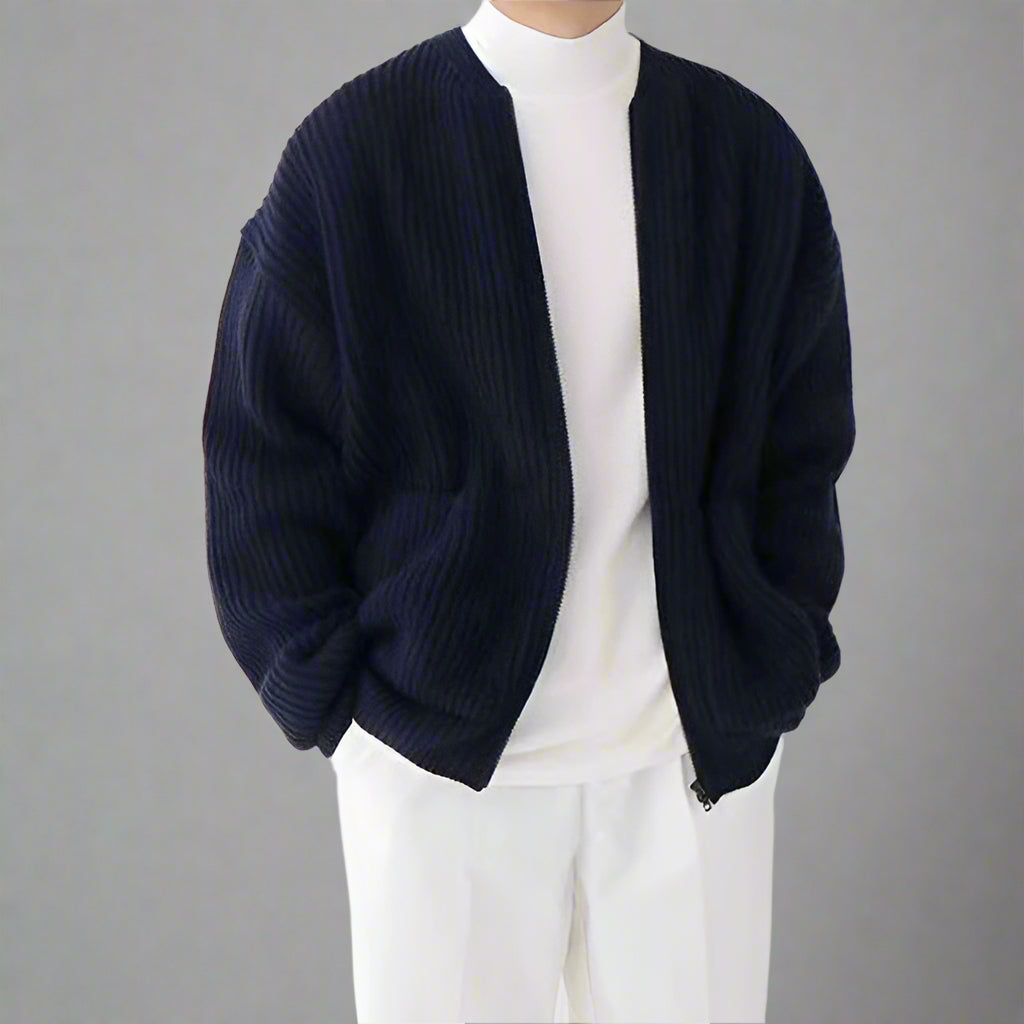 Men’s Zip-Up Knitted Cardigan with Pockets – Soft Funnel Neck Sweater for All Seasons