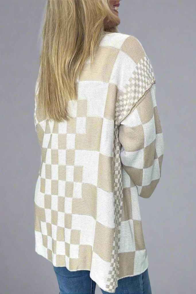 Women’s Checkered Knit Cardigan – Open Front Casual Sweater Coat