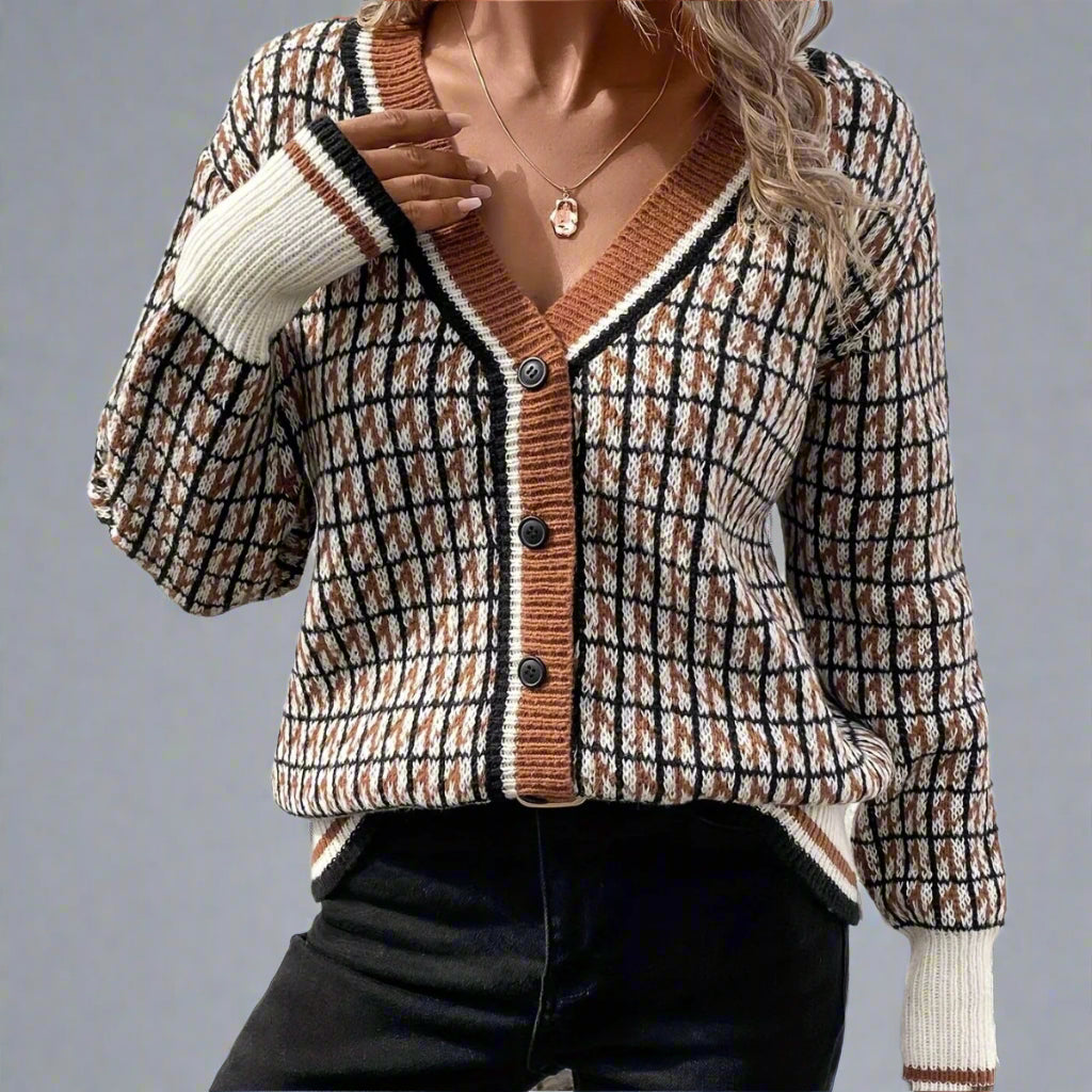 Elegant Houndstooth V-Neck Knitted Cardigan for Women