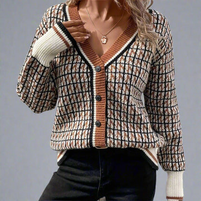 Elegant Houndstooth V-Neck Knitted Cardigan for Women
