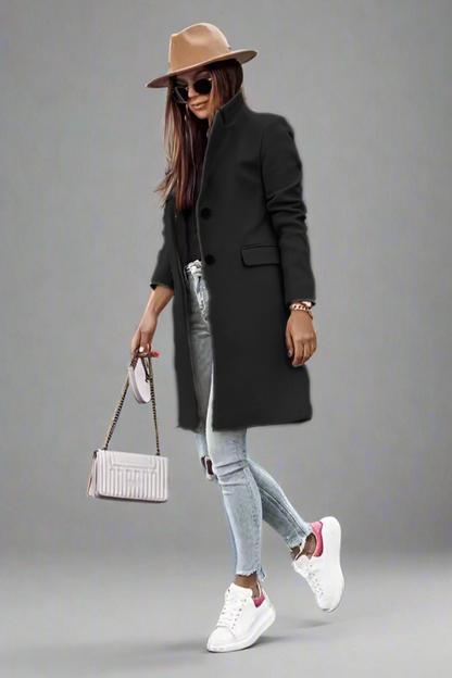 Long Sleeve Buttoned Woolen Coat – Elegant Mid-Weight Outerwear