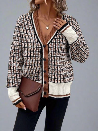 Elegant Houndstooth V-Neck Knitted Cardigan for Women