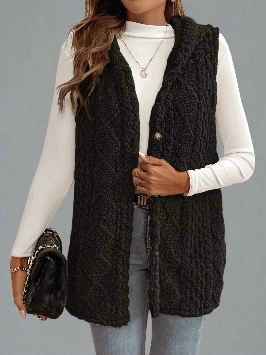 Elegant Diamond-Textured Sleeveless Plush Wool Coat for Women