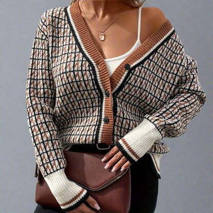 Elegant Houndstooth V-Neck Knitted Cardigan for Women