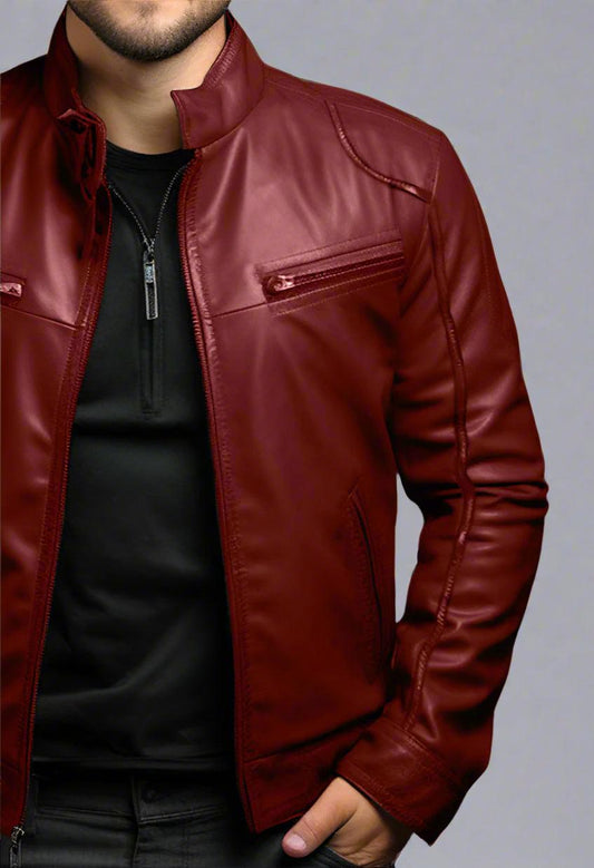 Stand Collar Faux Leather Motorcycle Jacket – Stylish & Durable