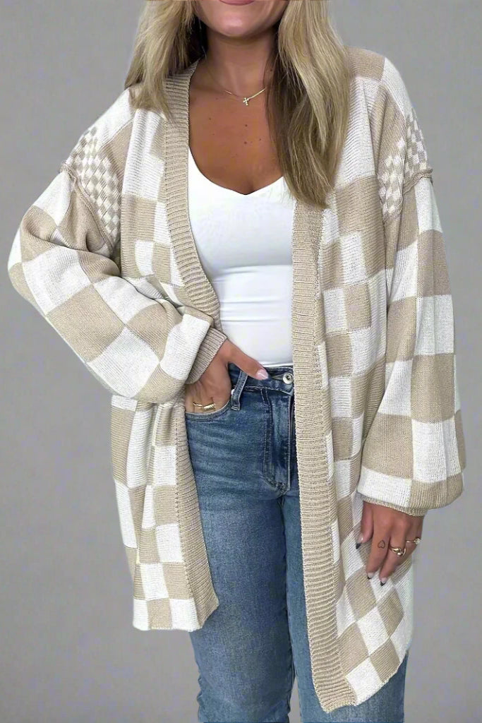 Women’s Checkered Knit Cardigan – Open Front Casual Sweater Coat