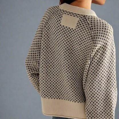 Women’s Jacquard Knit Sweater – Loose Fit Round Neck Pullover for Autumn & Winter