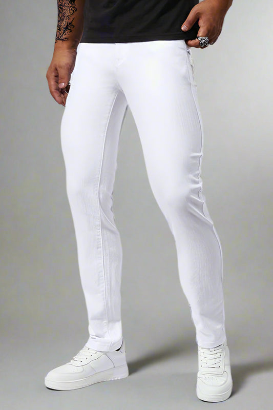 Men’s White Stretch Denim Jeans – Slim Fit Mid-Waist Pencil Pants