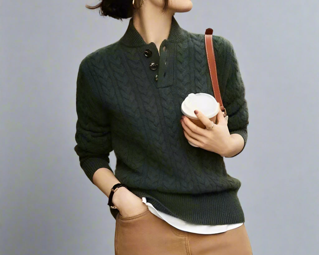 Textured Twisted Knit Pullover with Baseball Collar – Women’s Sweater