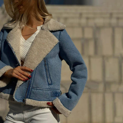 Fleece-Lined Short Denim Jacket for Women