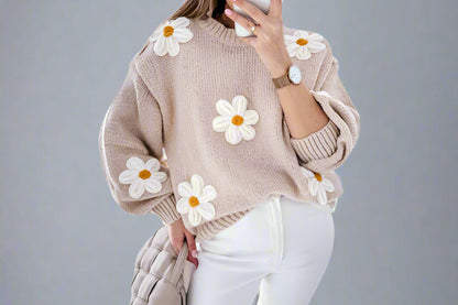 Women’s Floral Contrast Knit Round Neck Pullover Sweater