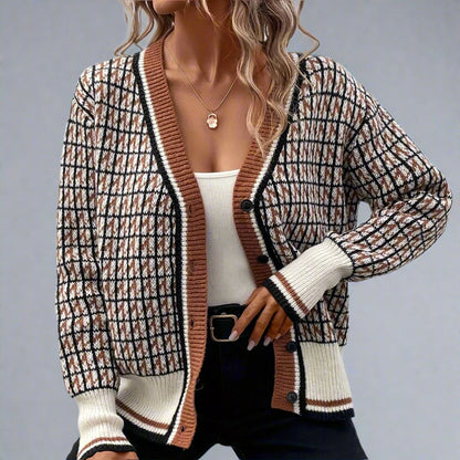 Elegant Houndstooth V-Neck Knitted Cardigan for Women