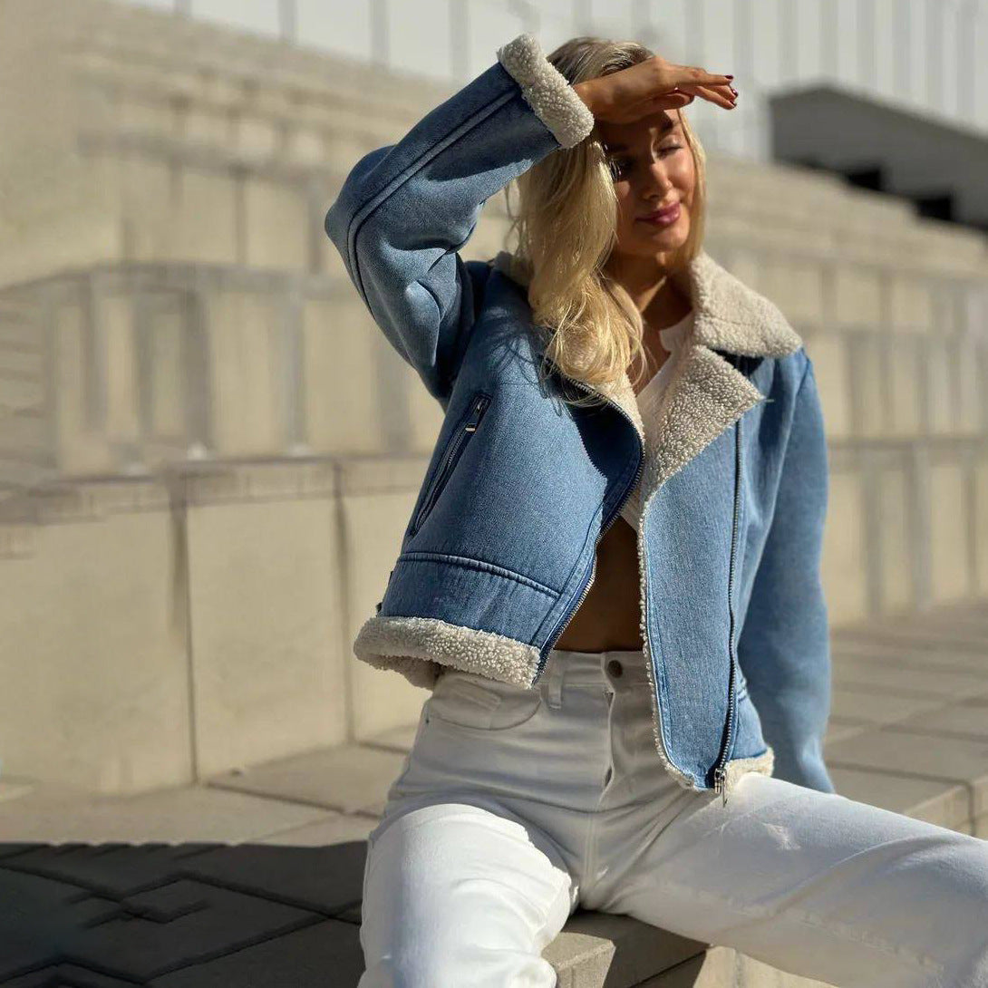 Fleece-Lined Short Denim Jacket for Women