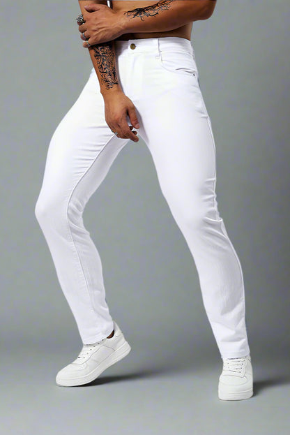 Men’s White Stretch Denim Jeans – Slim Fit Mid-Waist Pencil Pants