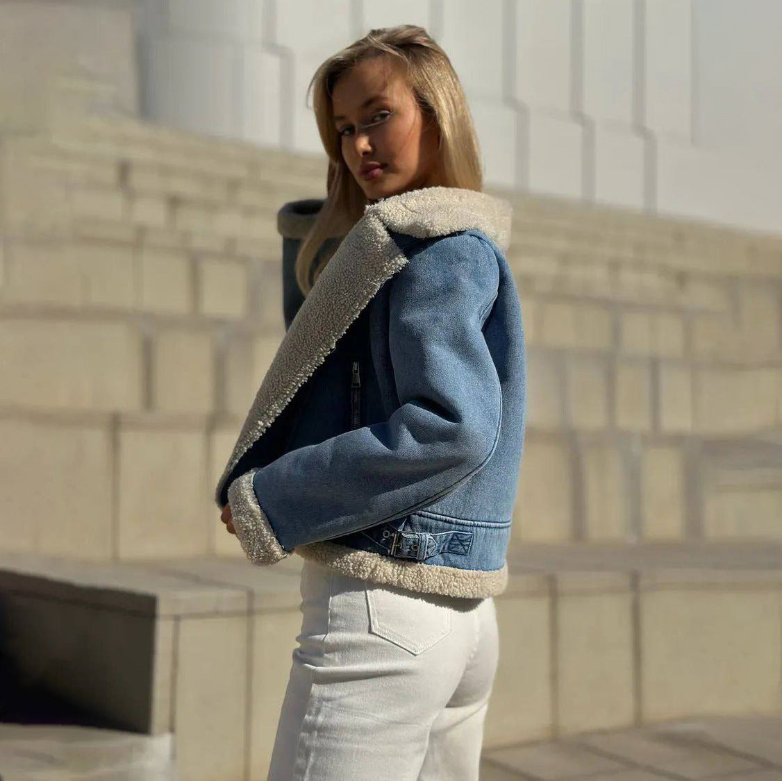 Fleece-Lined Short Denim Jacket for Women