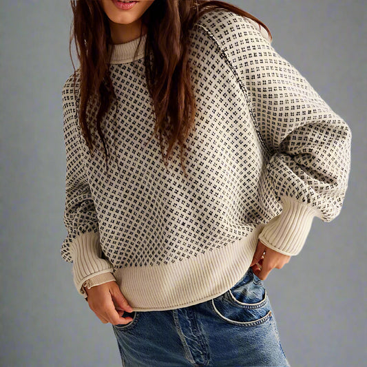 Women’s Jacquard Knit Sweater – Loose Fit Round Neck Pullover for Autumn & Winter