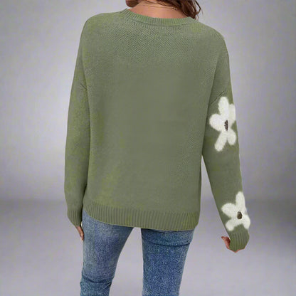 Women’s Jacquard Knit Pullover Sweater – Round Neck, Long Sleeve, Floral Pattern