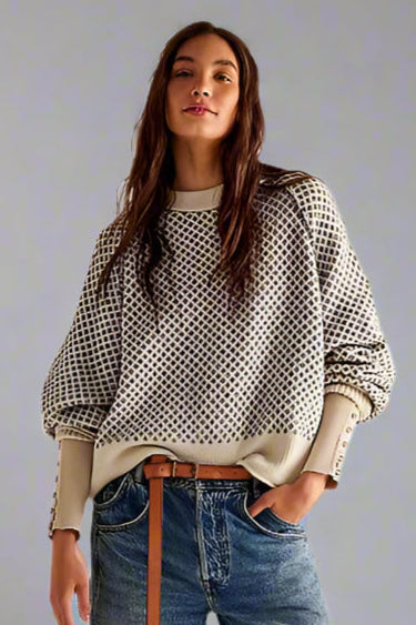 Women’s Jacquard Knit Sweater – Loose Fit Round Neck Pullover for Autumn & Winter