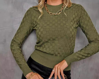 Women’s Waffle Knit Pullover – Round Neck Long Sleeve Sweater
