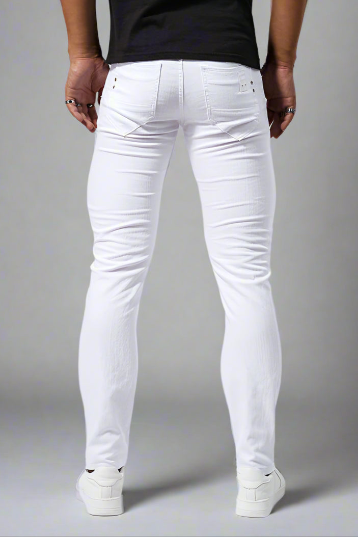 Men’s White Stretch Denim Jeans – Slim Fit Mid-Waist Pencil Pants