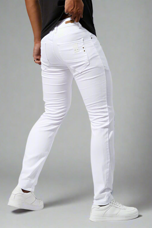 Men’s White Stretch Denim Jeans – Slim Fit Mid-Waist Pencil Pants