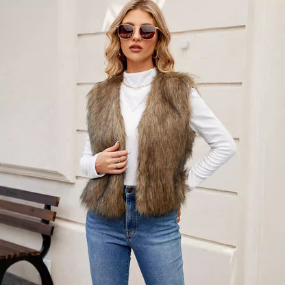 Women’s V-Neck Faux Fur Vest – Short Commuter Style Sleeveless Top