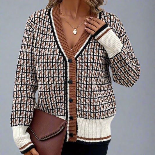 Elegant Houndstooth V-Neck Knitted Cardigan for Women