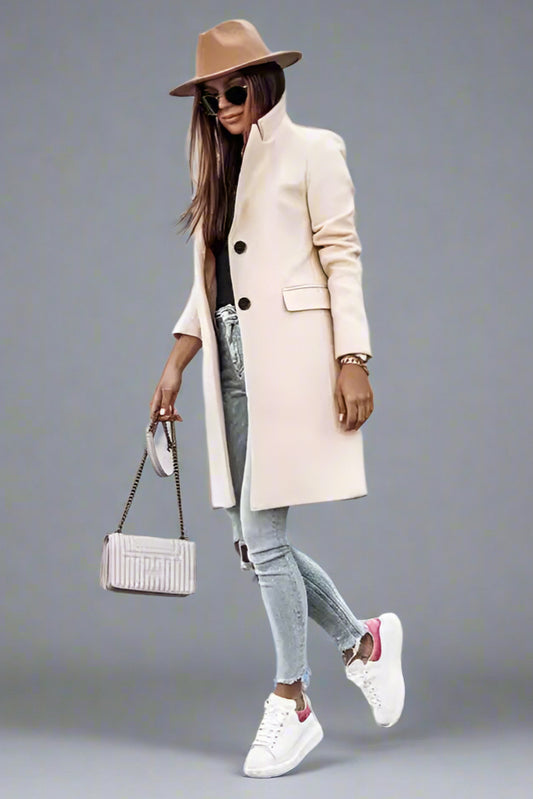 Long Sleeve Buttoned Woolen Coat – Elegant Mid-Weight Outerwear