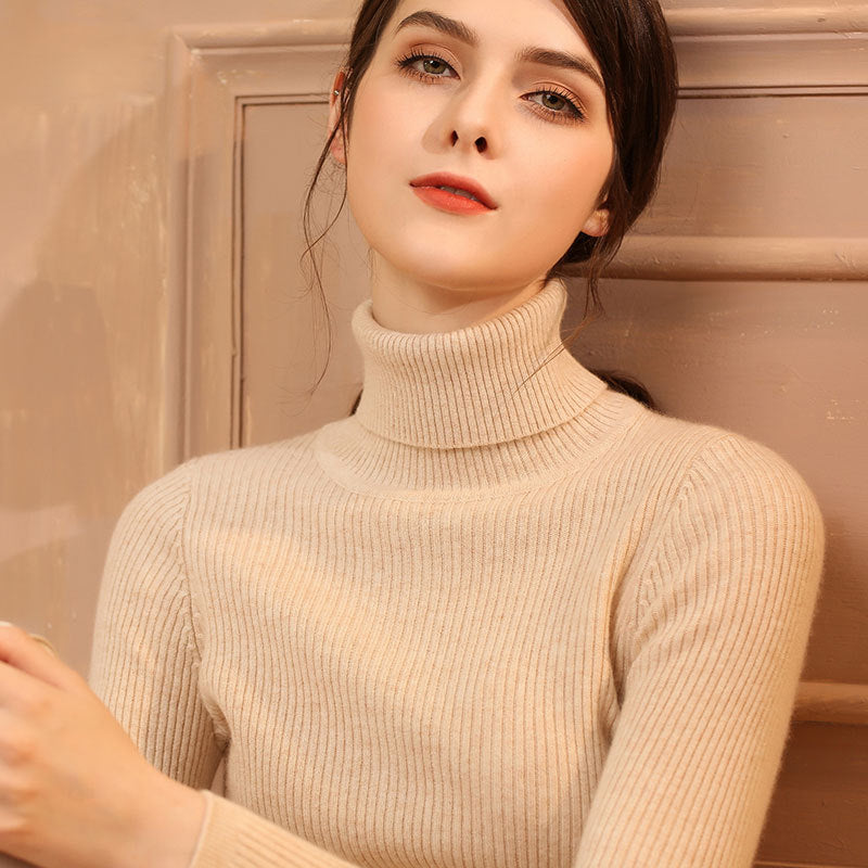 Women’s Slim Turtleneck Knitted Pullover – Thickened Viscose Base Layer