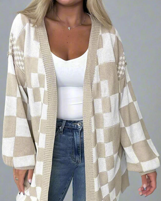 Women’s Checkered Knit Cardigan – Open Front Casual Sweater Coat
