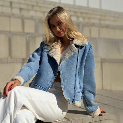 Fleece-Lined Short Denim Jacket for Women