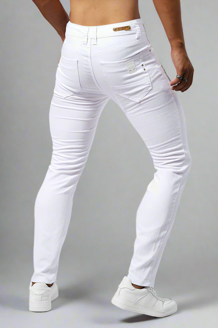 Men’s White Stretch Denim Jeans – Slim Fit Mid-Waist Pencil Pants