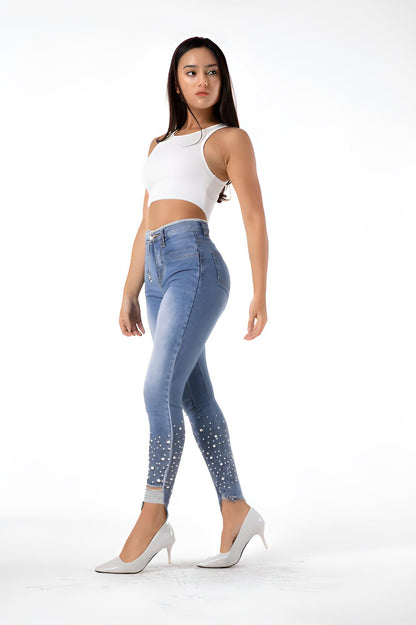 High-Waist Pearl-Embellished Ripped Skinny Jeans