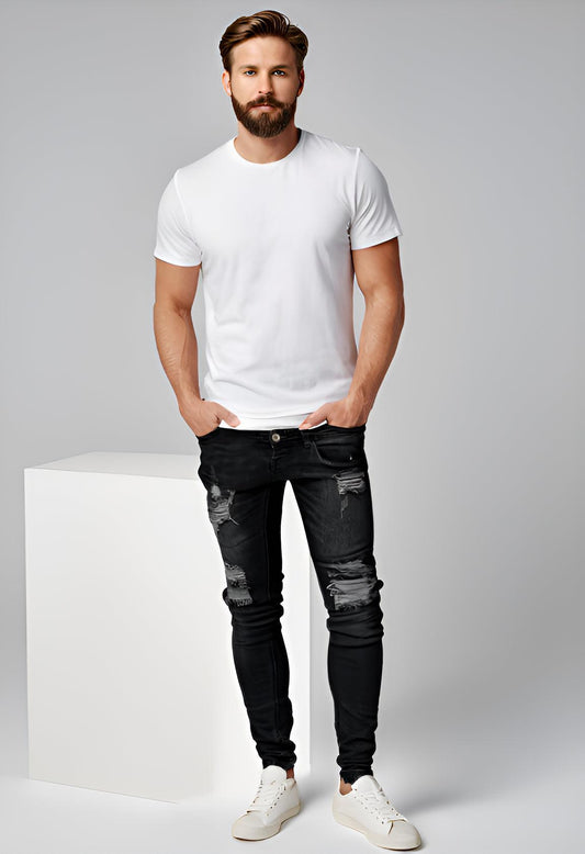 Men’s Distressed Skinny Jeans – Washed & Frayed Street Style