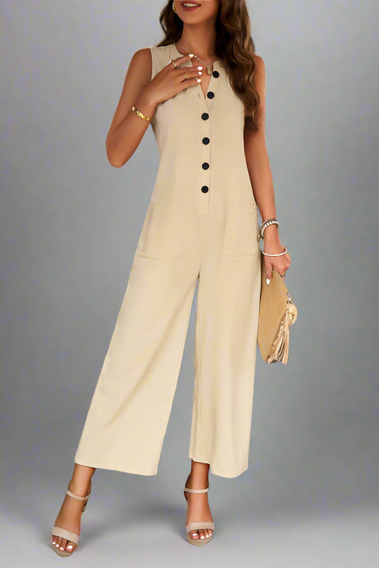Women’s Sleeveless Cotton-Linen Jumpsuit with Buttons – Casual Wide-Leg One-Piece