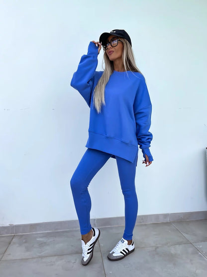 Two-Piece Lounge Set – Crew Neck Split Sweatshirt & Slim Fit Trousers