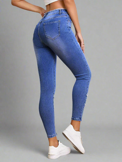 High-Waist Pearl-Embellished Ripped Skinny Jeans