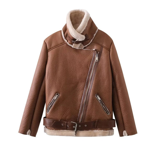 Women’s Faux Leather Lamb Fur Lined Jacket