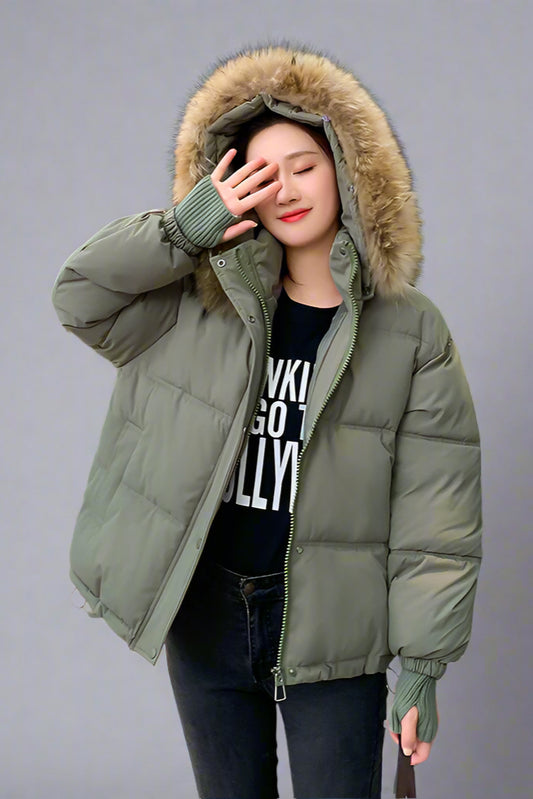 Thermal Quilted Hooded Jacket with Faux Fur Collar