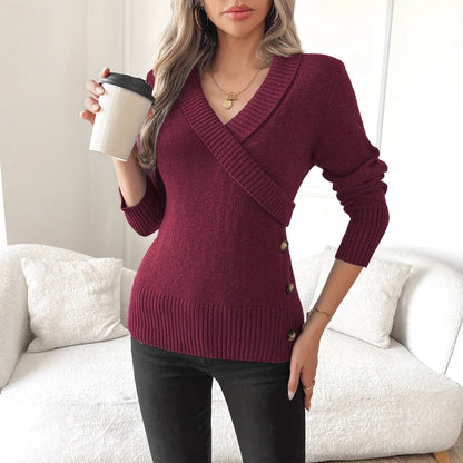 Elegant Buttoned Pullover Knit Sweater for Women – Long Sleeve, Comfy Fit