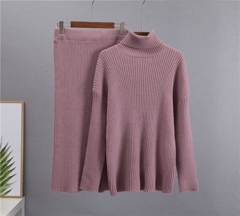 Women’s Ribbed Knit Turtleneck Sweater & Skirt Set – Elegant Two-Piece Outfit