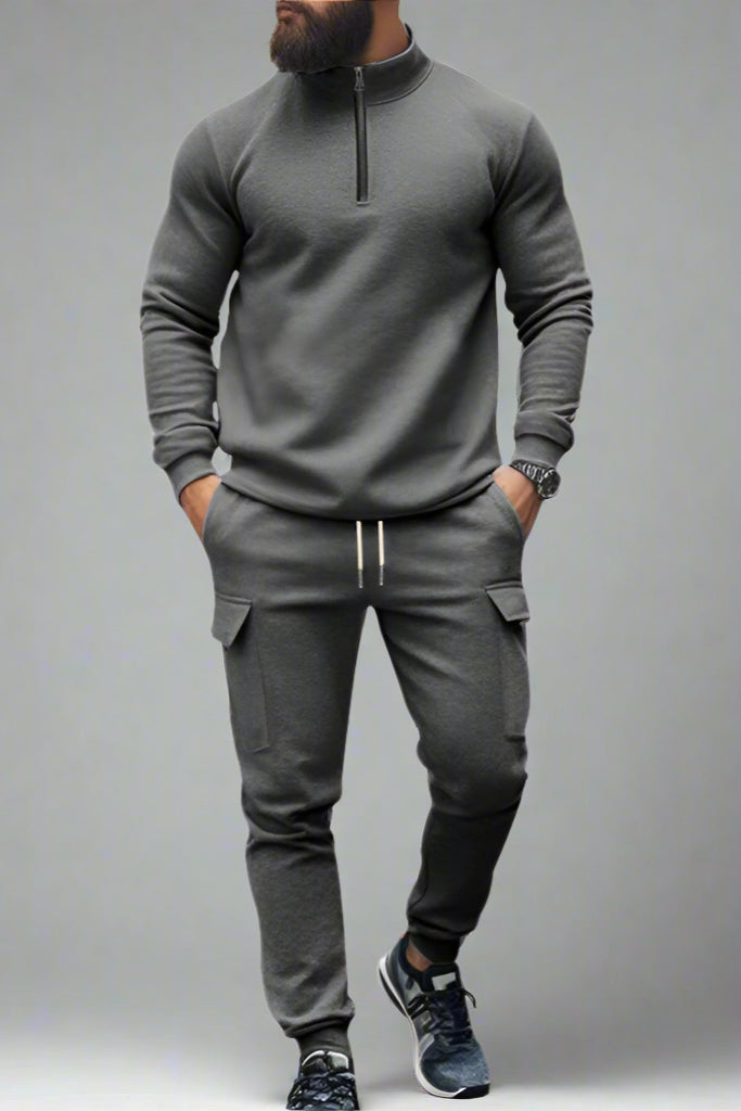 Men’s Casual Fleece-Lined Thermal Zip-Up Tracksuit – Winter Warm 2-Piece Set