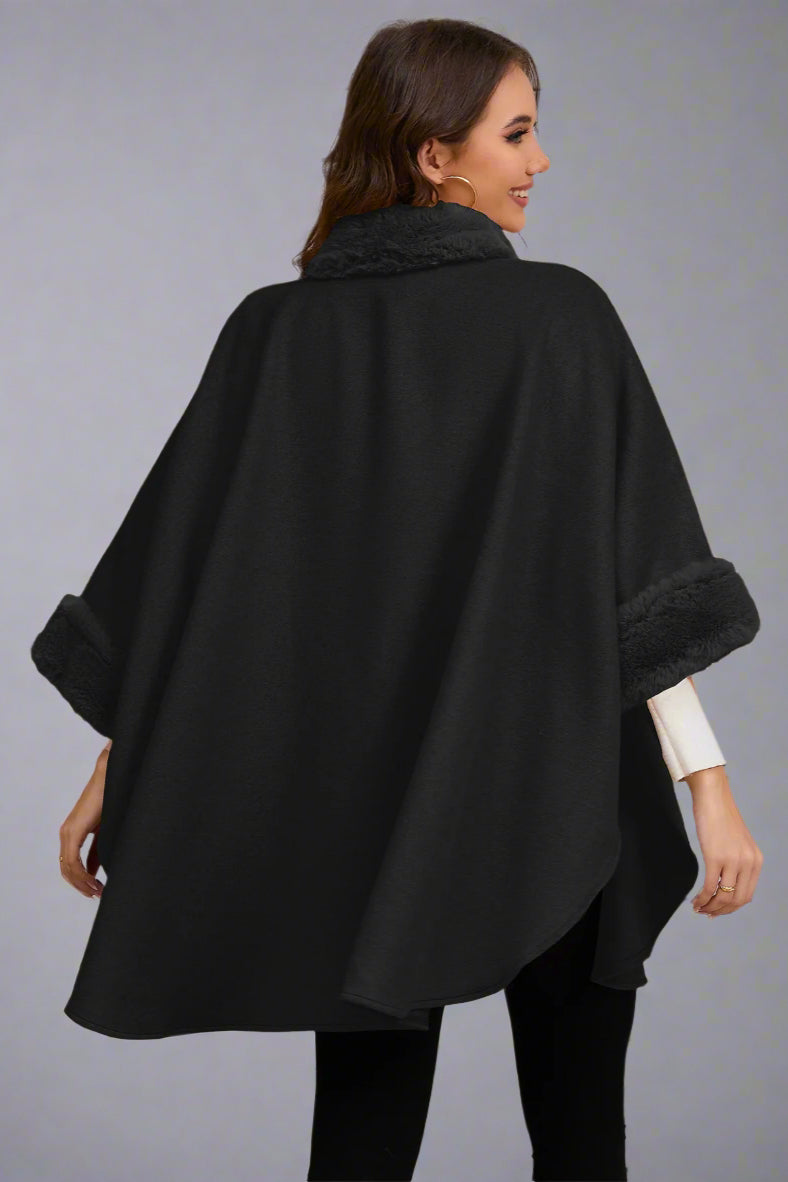 Elegant Faux Fur Collar Cape – Mid-Length Outerwear for Women