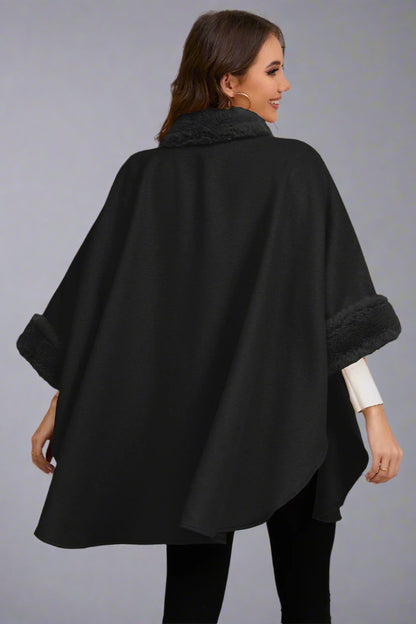 Elegant Faux Fur Collar Cape – Mid-Length Outerwear for Women