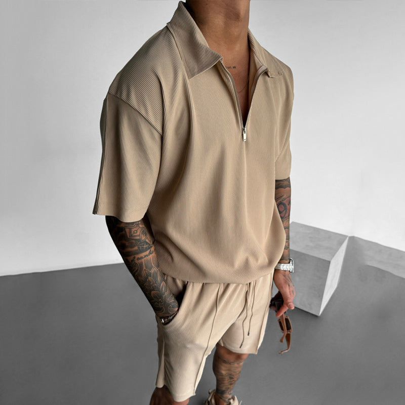 Men’s Summer Polo Zip-Up Shirt & Drawstring Shorts Set