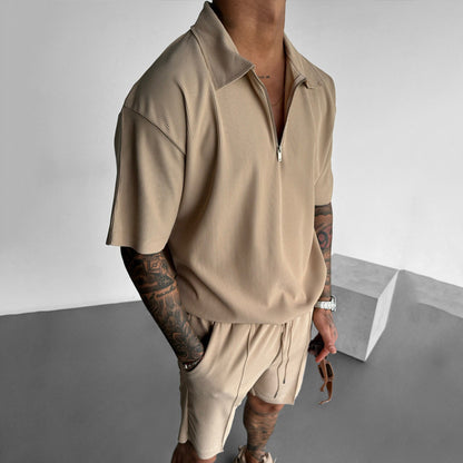 Men’s Summer Polo Zip-Up Shirt & Drawstring Shorts Set