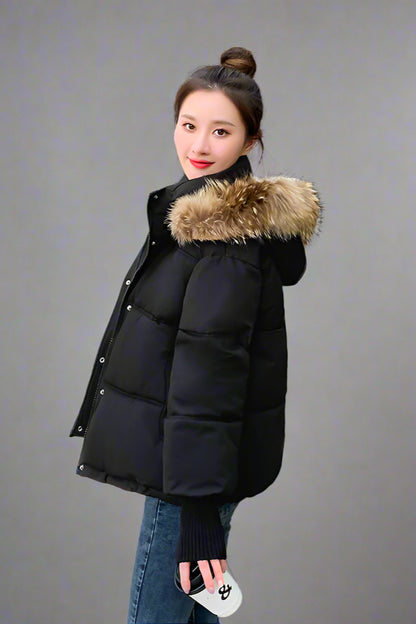 Thermal Quilted Hooded Jacket with Faux Fur Collar