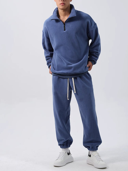 Men’s Fleece Sportswear Set – Loose Fit Pullover & Sweatpants 2-Piece Outfit