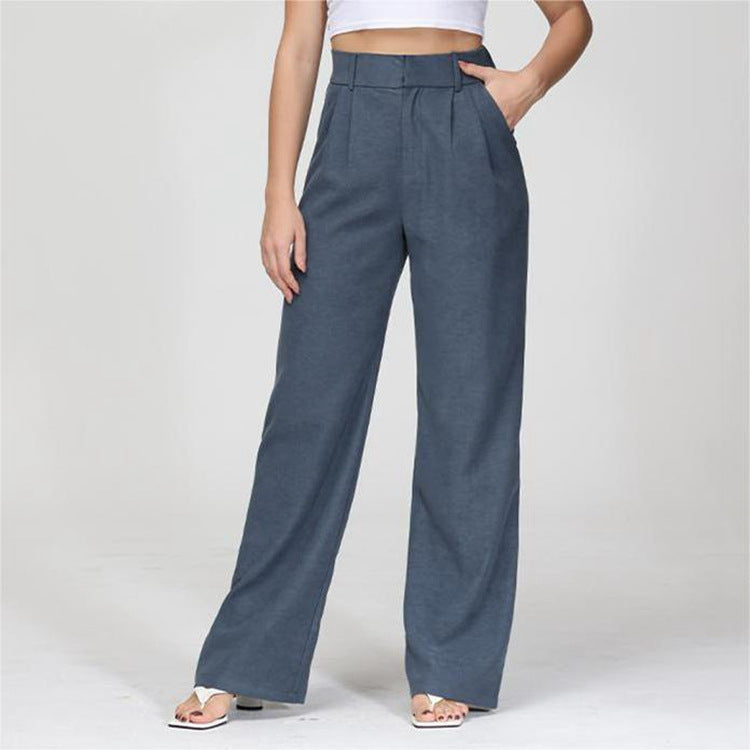 Women’s High Waist Wide-Leg Trousers with Pockets – Elegant Straight-Cut Casual Pants